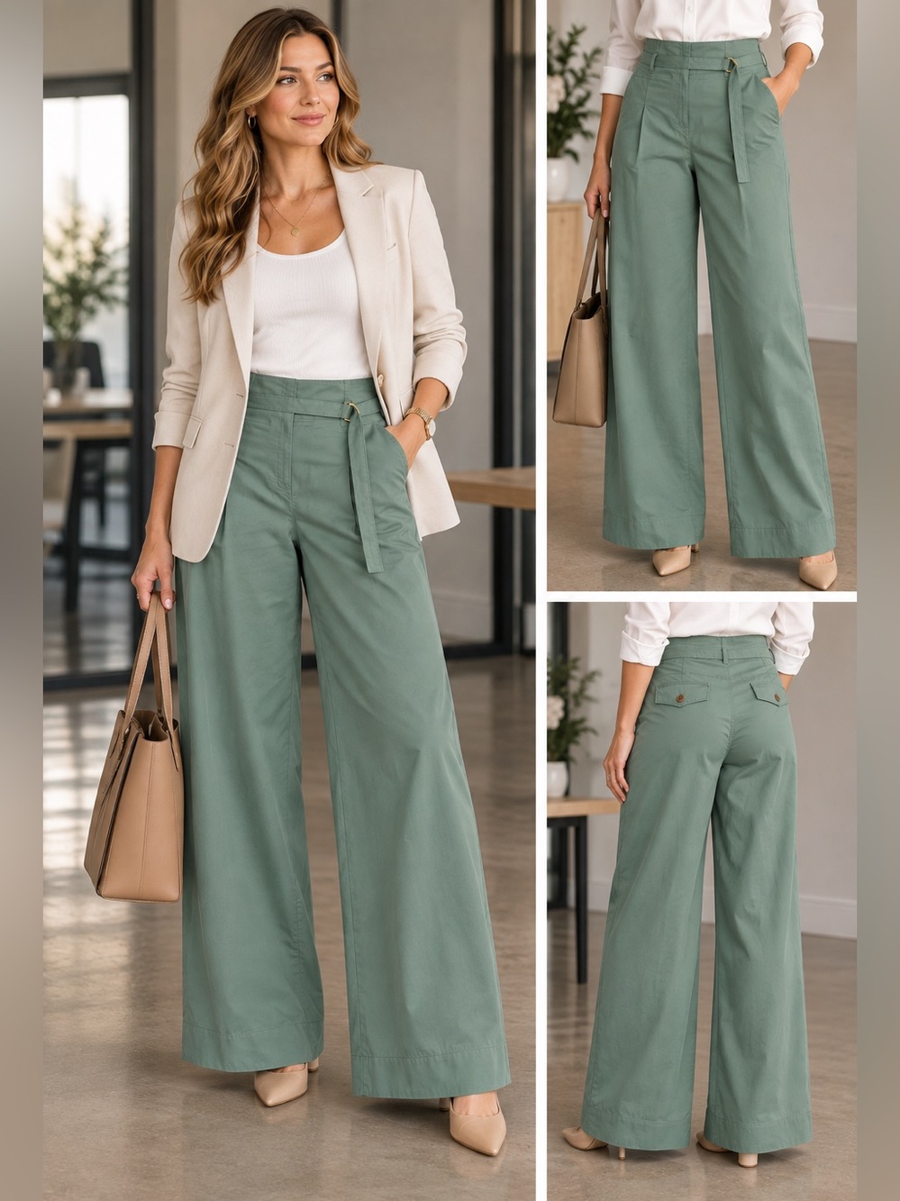 Ann Taylor Sage Green Belted Wide Leg Pants Size 14 NWT High Rise Pleated Trouse